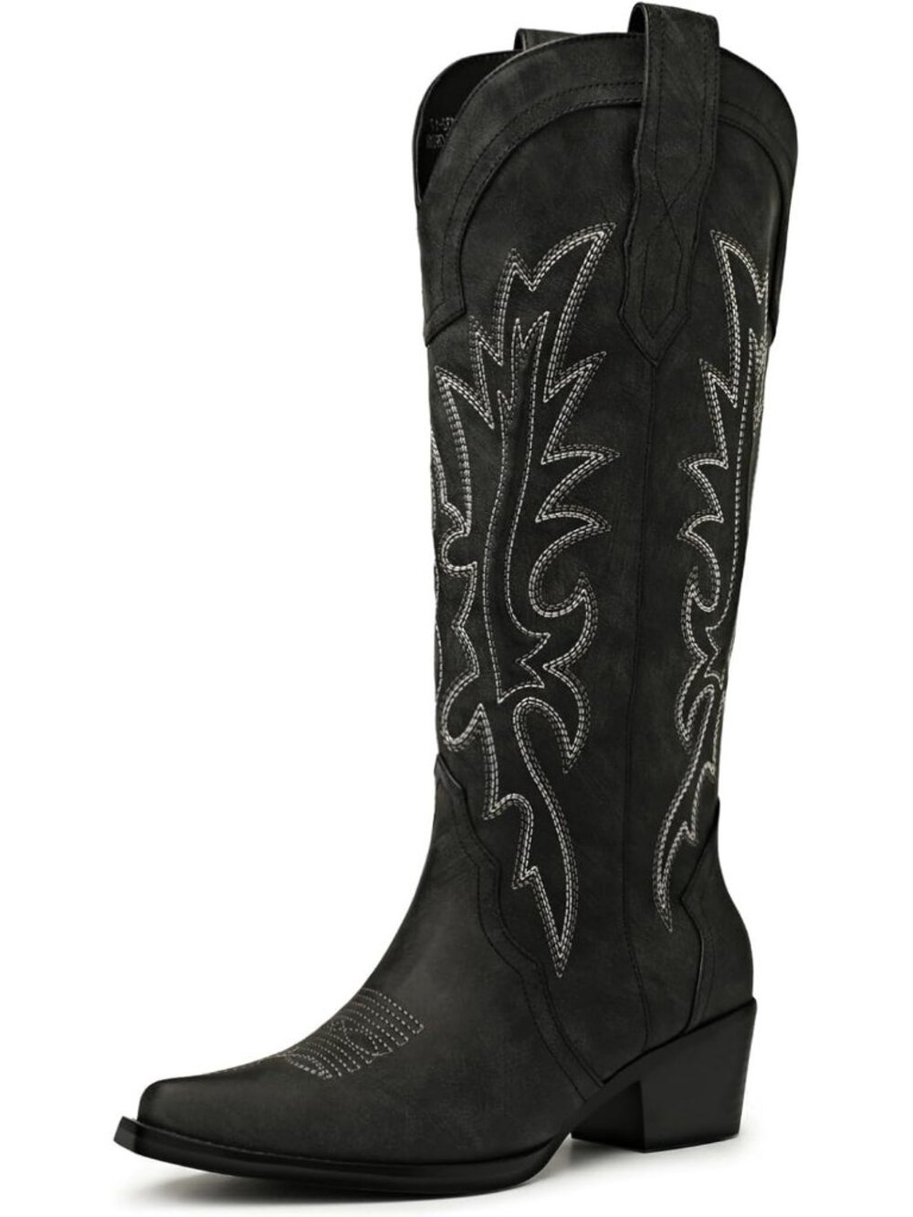 Women's Black Knee High Cowgirl Boots Pointed Toe Western Boots Chunky Heel